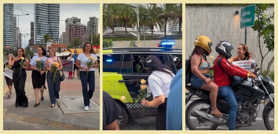 Mulheres da direita distribuem rosas na Beira Mar em movimento contra o feminicídio 1 Blog do Eliomar